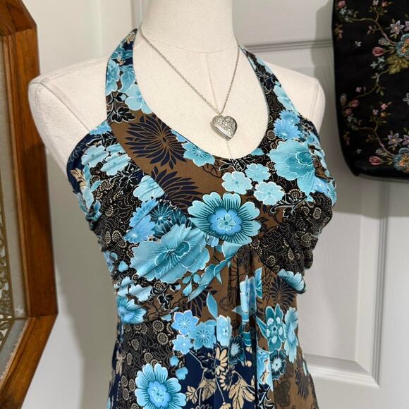 VTG Y2K IZ Byer California Dark Brown & Blue Floral Boho Backless Halter Top M - Picture 2 of 7